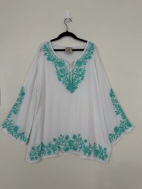 White Tunic with Teal Floral Embroidery